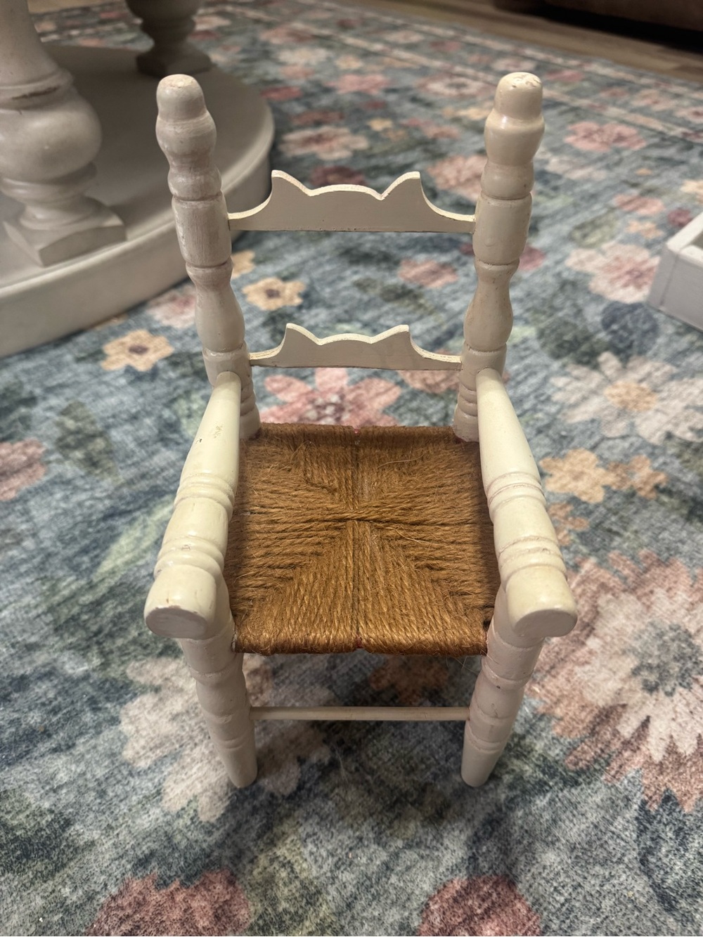 Vintage Handcrafted Mini Dollhouse Woven And Wood Chair - Cream & Brown